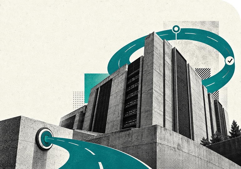 Illustrated tower with a winding road and a location marker