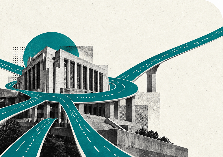Illustrated aerial interchange weaving through brutalist architecture