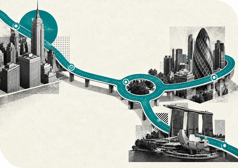 Illustrated global city skylines linked by a teal distribution network